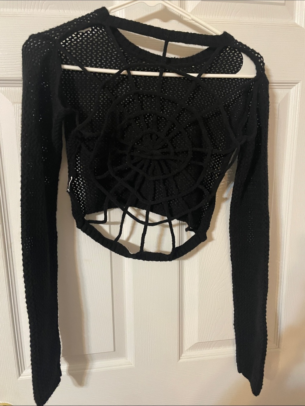 Black Crochet Long-Sleeve Crop Top